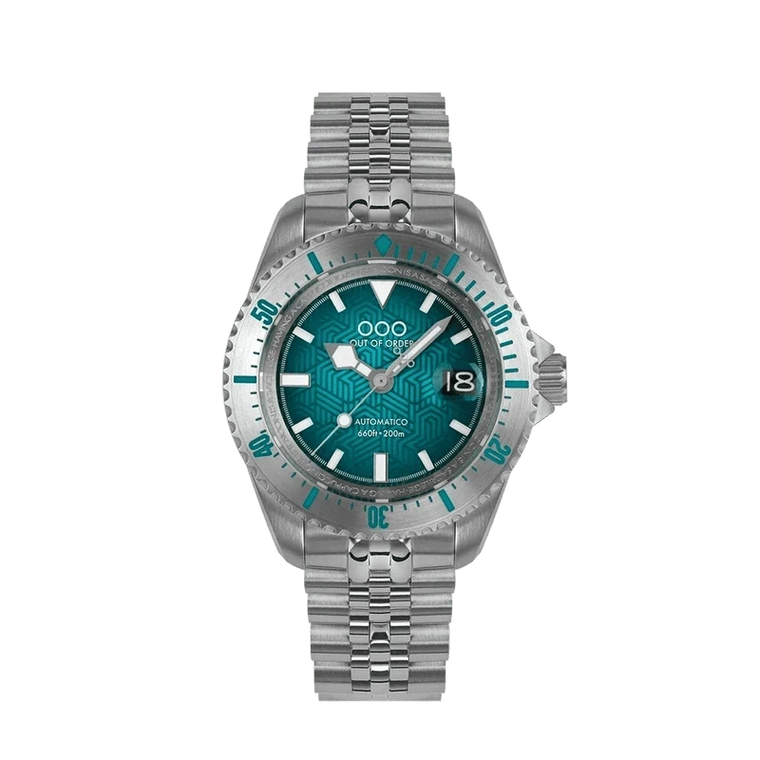 Out of Order Diverissimo Azteco Uomo Unisex 42 mm Cassa Acciaio 316L Quadrante Verde Ottanio Automatico Miyota 9015 Zaffiro Super-LumiNova C3 Lunetta Diver Jubilee Acciaio 200m Ref. OOO.001-32.OT