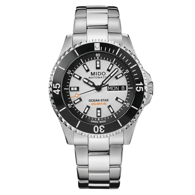 MIDO Ocean Star 200 Automatico Uomo 41 mm Acciaio 316L Quadrante Bianco Lunetta Girevole Nera Vetro Zaffiro Day-Date Caliber 80 Bracciale Acciaio 200 m Swiss Made Ref. M026.930.11.011.00