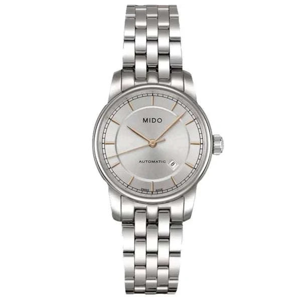 MIDO Baroncelli Automatico Donna 29 mm Acciaio Quadrante Argento Indici Applicati Vetro Zaffiro Antiriflesso Data ETA 2671 Bracciale Acciaio 50 m Swiss Made Ref. M7600.4.10.1