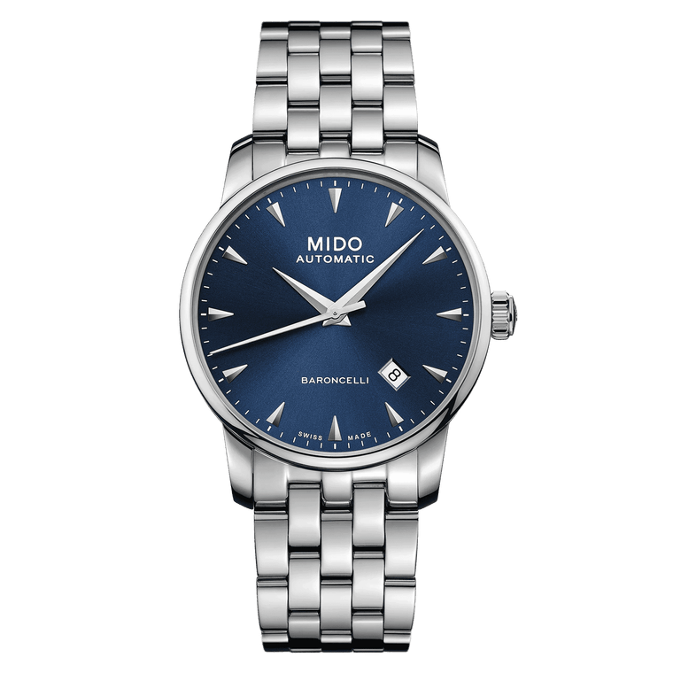 MIDO Baroncelli Midnight Blue Automatico Uomo 38 mm Acciaio 316L Quadrante Blu Vetro Zaffiro Antiriflesso Data Caliber 80 Bracciale Acciaio 50 m Swiss Made Ref. M8600.4.15.1