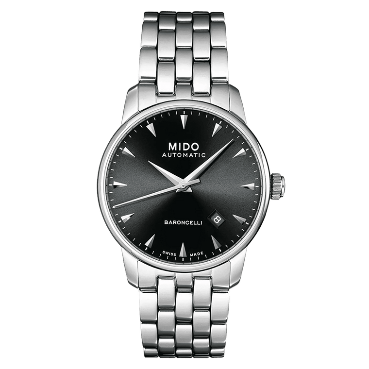 MIDO Baroncelli Automatico Uomo 38 mm Acciaio Quadrante Nero Vetro Zaffiro Antiriflesso Data Caliber 80 Bracciale Acciaio 50 m Swiss Made Ref. M8600.4.18.1