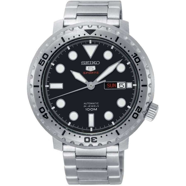 Seiko 5 Sports Bottle Cap Automatico Uomo 45 mm Acciaio Quadrante Nero Lunetta Girevole Unidirezionale Nera Vetro Hardlex Giorno e Data Bracciale Acciaio 100 m Ref. SRPC61K1