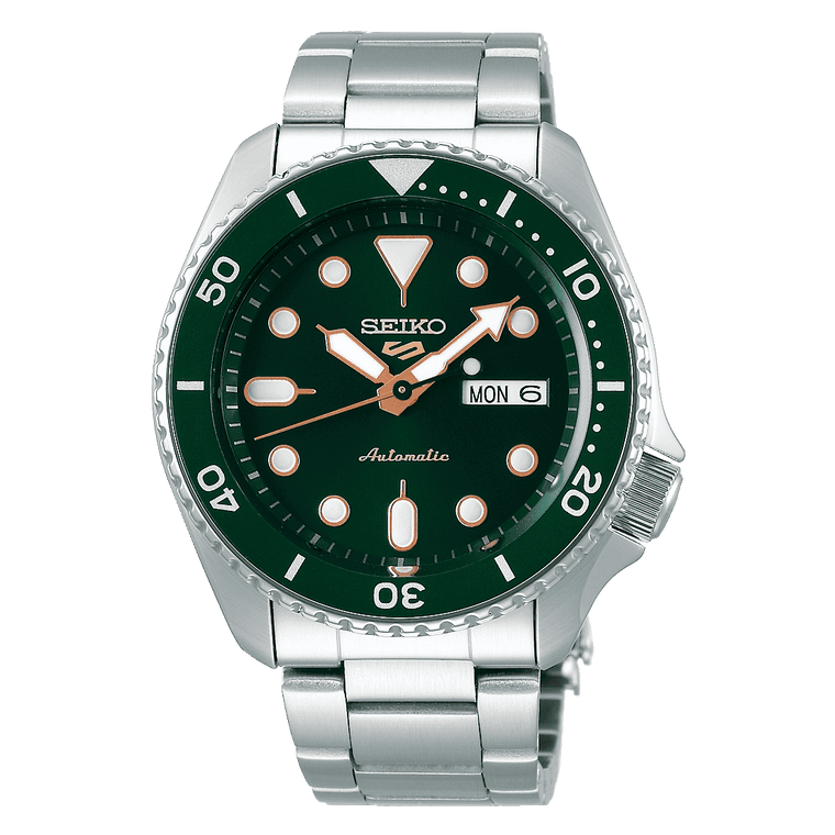 Seiko 5 Sports SKX Automatico Uomo 42,5 mm Acciaio Quadrante Verde Lunetta Girevole Unidirezionale Verde Vetro Hardlex Giorno e Data Bracciale Acciaio 100 m Ref. SRPD63K1