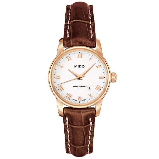 MIDO Baroncelli Tradition Automatico Donna 29 mm Acciaio PVD Oro Rosa Quadrante Bianco Numeri Romani Vetro Zaffiro Data ETA 2671 Pelle Marrone 50 m Swiss Made Ref. M7600.3.26.8