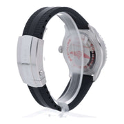 Orologio subacqueo: lato cassa acciaio, fondello con scritte, cinturino nero