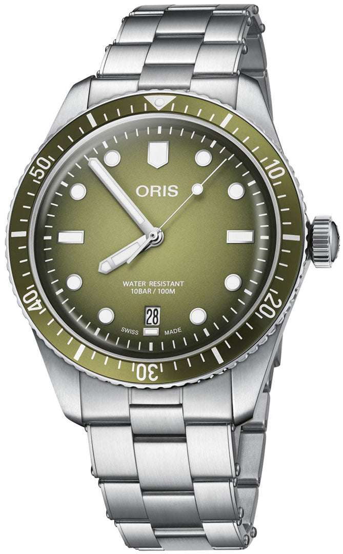 Oris Divers Sixty-Five Date Uomo 40mm Acciaio Quadrante Verde Sfumato Automatico Calibro 733-1 Vetro Zaffiro Lunetta Diver Super-LumiNova Bracciale Acciaio Data 100m Swiss Made Ref. 01 733 7707 4057-07 8 20 18 Oasi Watch
