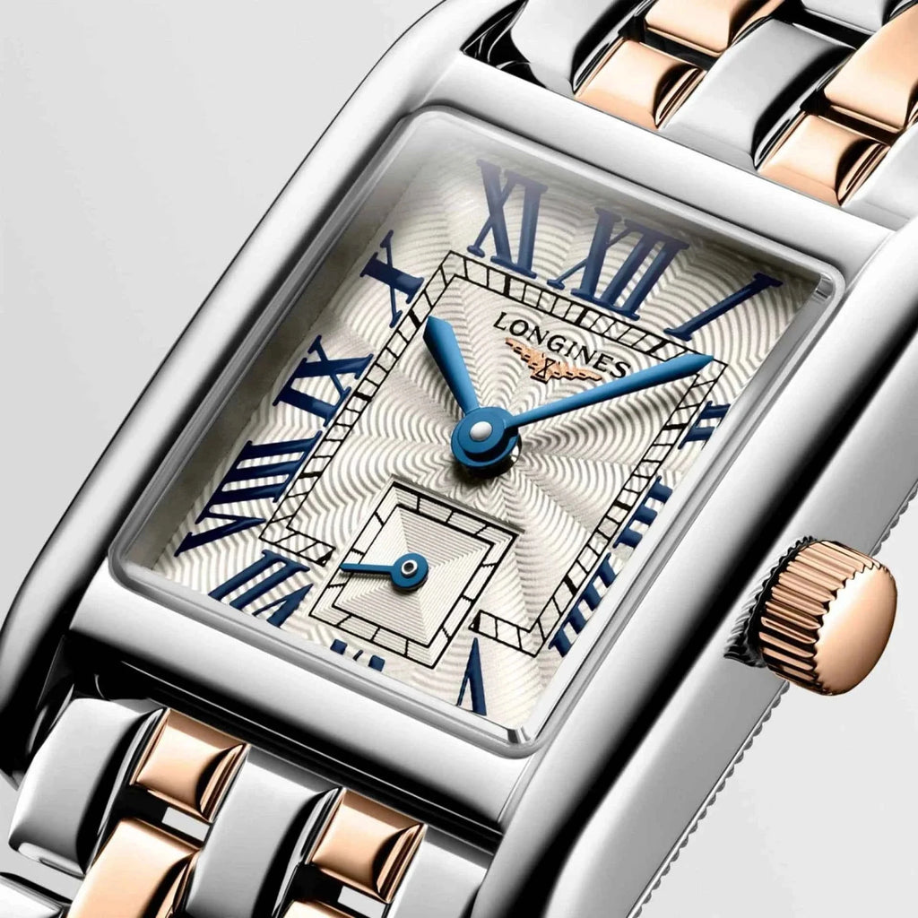 Orologio Longines: quadrante argento con numeri romani blu e lancette
