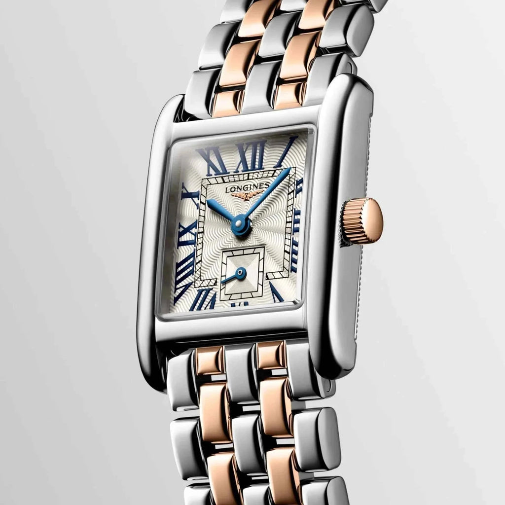 Orologio Longines con cassa rettangolare e cinturino bicolore acciaio e oro rosa