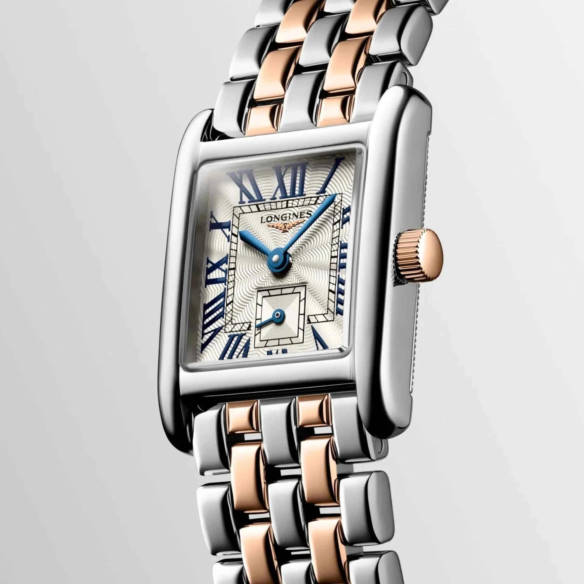 Orologio Longines con cassa rettangolare e cinturino bicolore acciaio e oro rosa