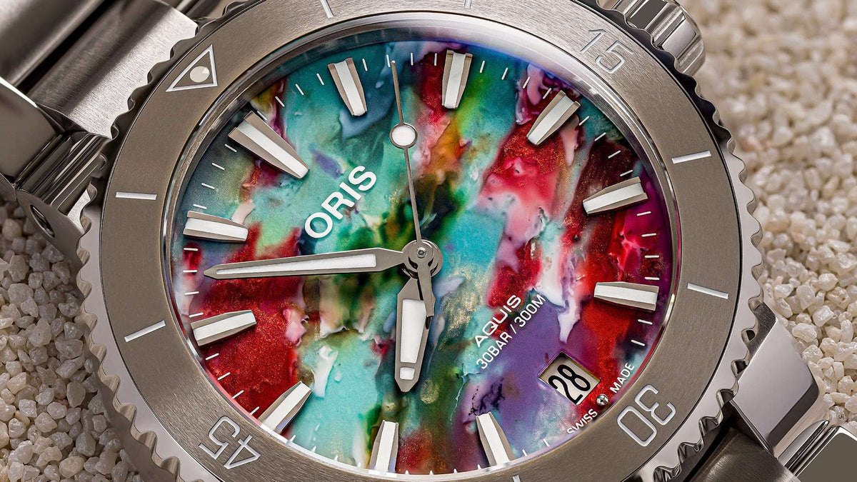 Oris Aquis Date Upcycle Uomo 36,5mm Acciaio Quadrante Multicolore PET Riciclato Automatico Calibro 733-1 Lunetta Ceramica Vetro Zaffiro Bracciale Acciaio Data Super-LumiNova 300m Ref. 01 733 7770 4150-Set Oasi Watch
