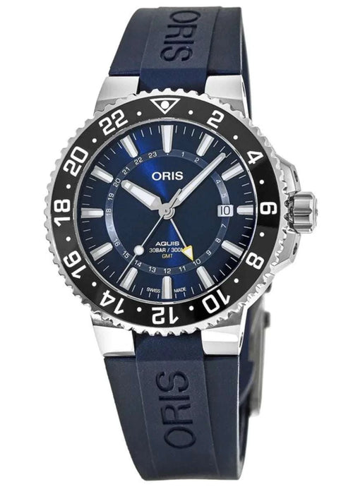 Orologio Oris con quadrante blu e cinturino in caucciù, lancette e indici luminosi