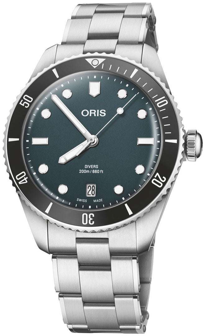 Oris Divers Date Uomo 39mm Acciaio Quadrante Blu Automatico Calibro 733-1 Lunetta Ceramica Vetro Zaffiro Bracciale Acciaio Cinturino Gomma Data Super-LumiNova 200m Swiss Made Ref. 01 733 7795 4055-Set Oasi Watch
