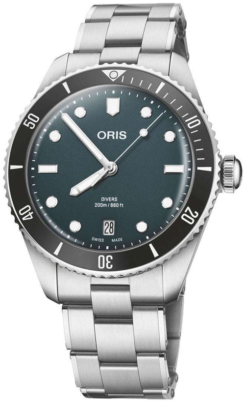 Oris Divers Date Uomo 39mm Acciaio Quadrante Blu Automatico Calibro 733-1 Lunetta Ceramica Vetro Zaffiro Bracciale Acciaio Cinturino Gomma Data Super-LumiNova 200m Swiss Made Ref. 01 733 7795 4055-Set Oasi Watch
