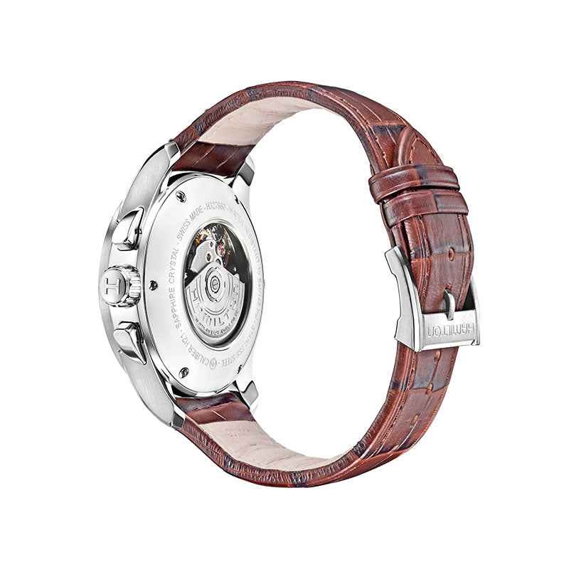 Orologio Hamilton Jazzmaster con cassa acciaio e cinturino pelle marrone, profilo laterale