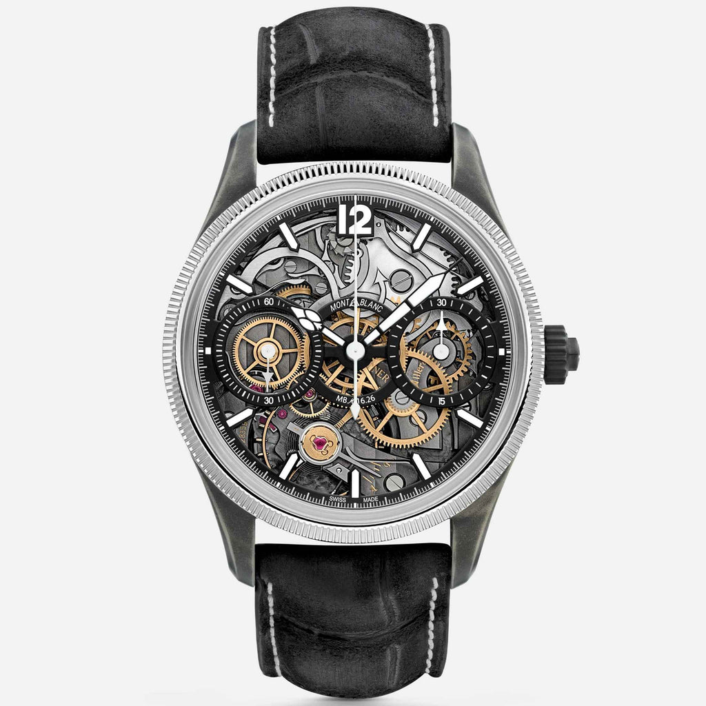 Orologio da polso scheletrato con cinturino in pelle nera e cassa in acciaio, 43 mm