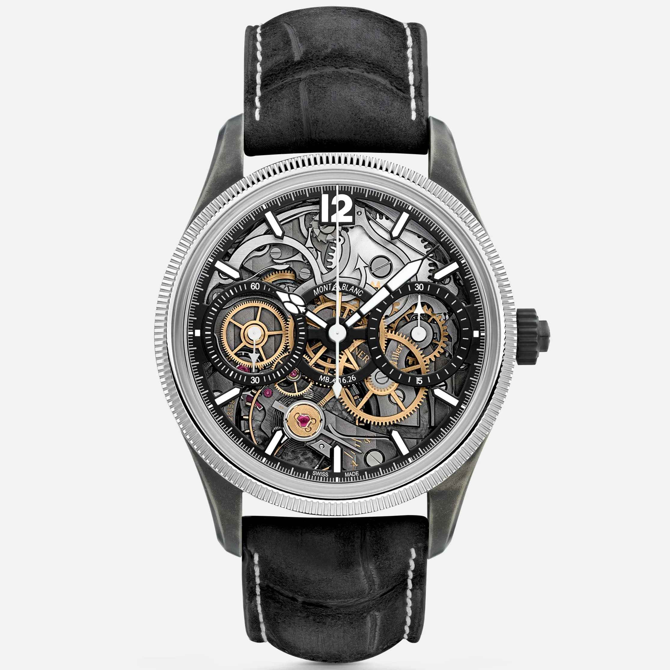 Orologio da polso scheletrato con cinturino in pelle nera e cassa in acciaio, 43 mm