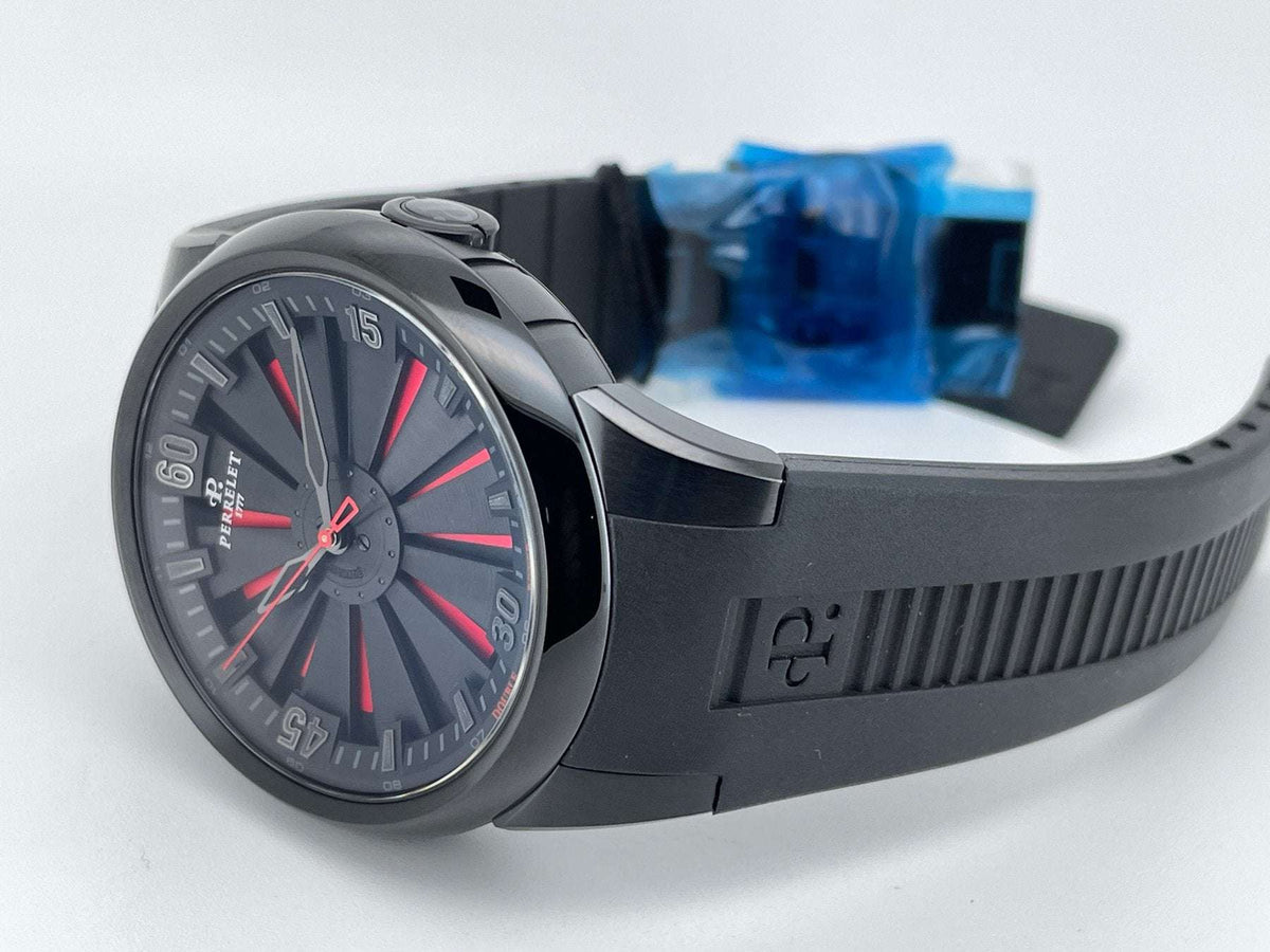 Orologio automatico nero con cinturino in gomma e quadrante blu scuro, lancette rosse