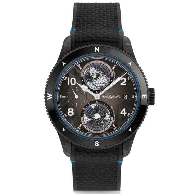 Orologio automatico nero con cinturino in tessuto e quadrante nero con dettagli blu.