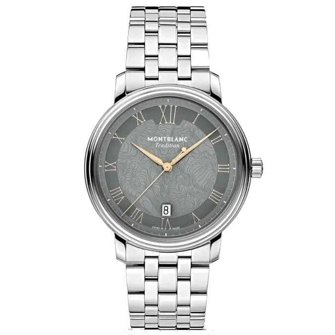 Orologio Montblanc con quadrante grigio, numeri romani e finestra data su bracciale acciaio.