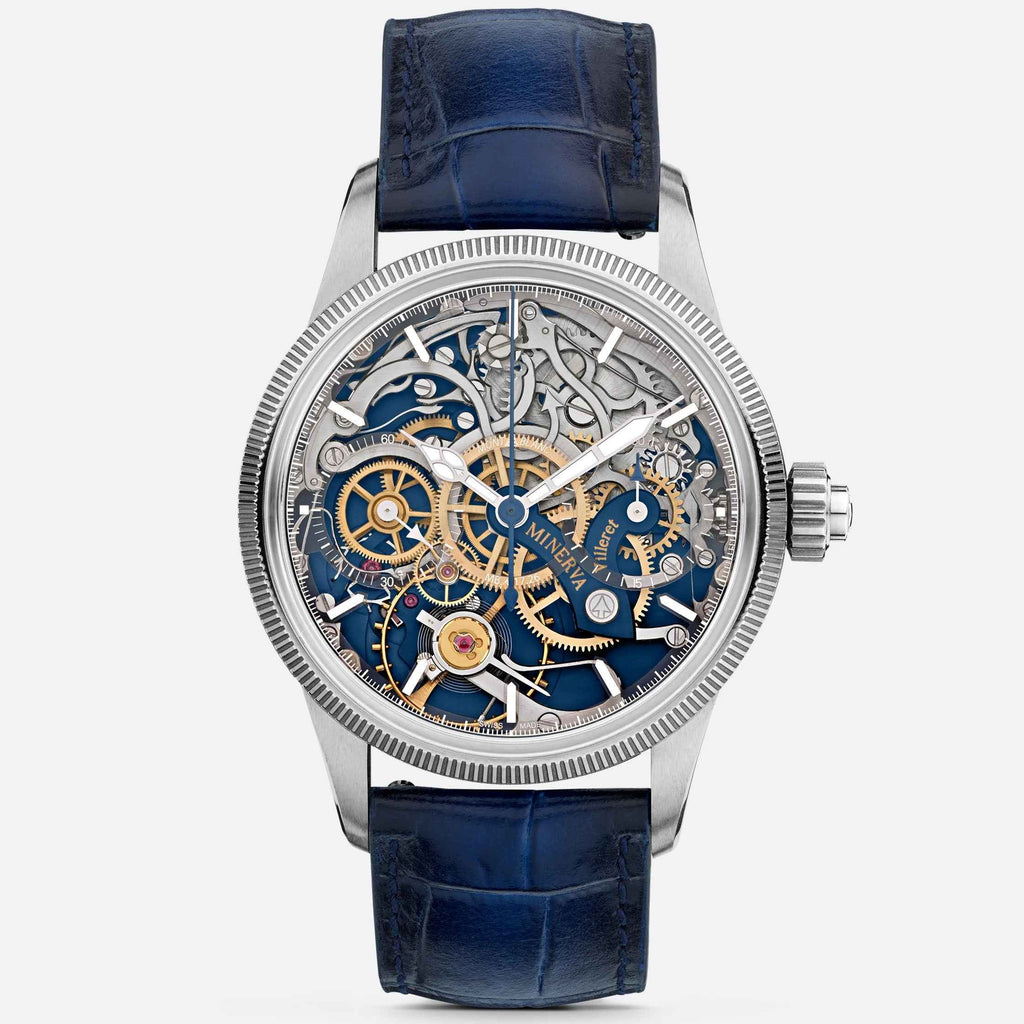 Orologio cronografo scheletrato Montblanc con quadrante blu e cinturino in pelle