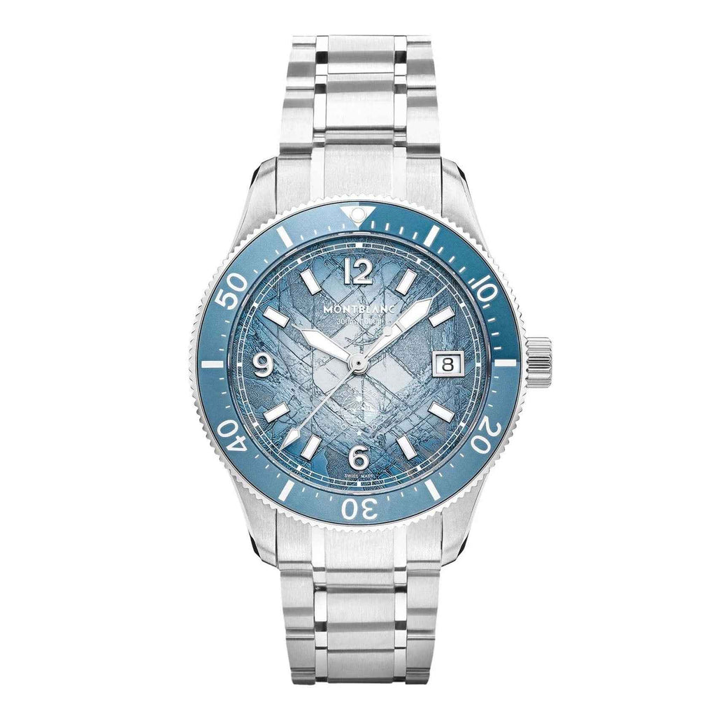 Orologio Montblanc automatico con quadrante blu, datario e bracciale in acciaio