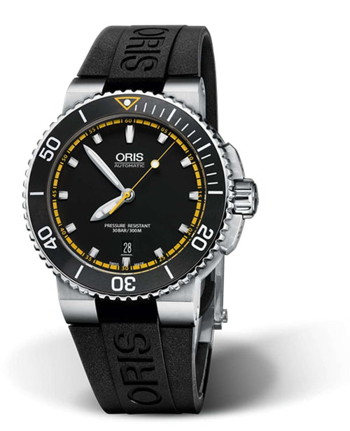Oris Aquis Date Uomo 43 mm Acciaio Quadrante Nero Lunetta Ceramica Vetro Zaffiro Calibro 733-1 Automatico Cinturino Caucciù Giallo Data 30 ATM Swiss Made Ref. 01 733 7653 4127-07 4 26 33EB Oasi Watch