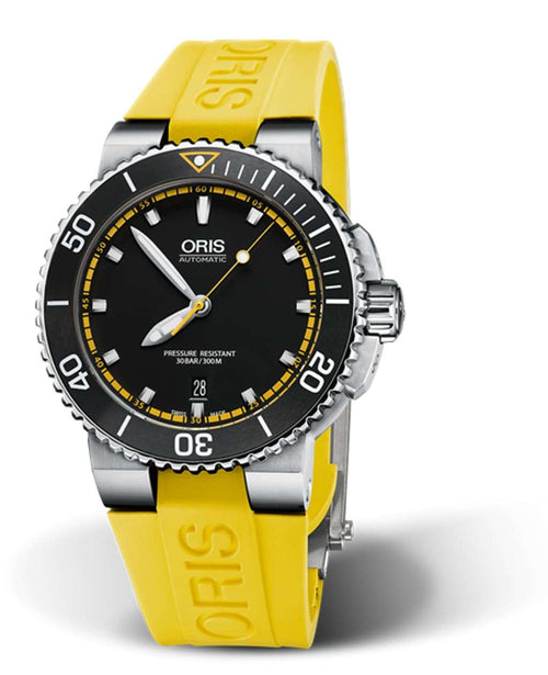 Oris Aquis Date Uomo 43 mm Acciaio Quadrante Nero Lunetta Ceramica Vetro Zaffiro Calibro 733-1 Automatico Cinturino Caucciù Giallo Data 30 ATM Swiss Made Ref. 01 733 7653 4127-07 4 26 33EB Oasi Watch