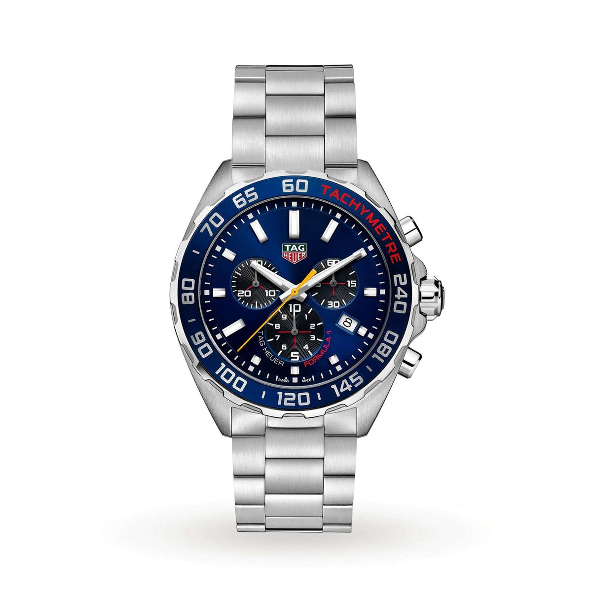 Orologio cronografo TAG Heuer con quadrante blu, lunetta tachimetrica e cinturino acciaio