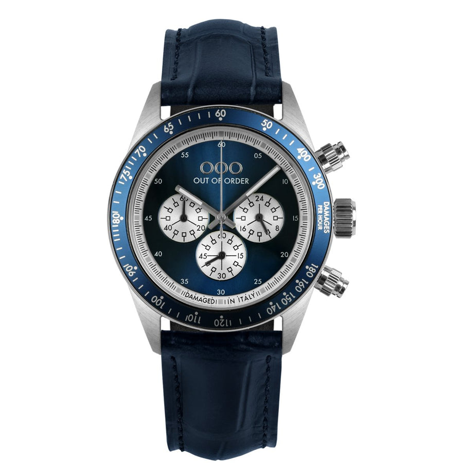 Out Of Order SuperVintage Chrono Limited Edition Unisex 42 mm Acciaio 316L Quadrante Blu Soleil Cronografo Miyota OS20 Vetro Minerale Rivestito Zaffiro Coccodrillo Blu 100 m Ref. OOO.001-30.BL.AC.