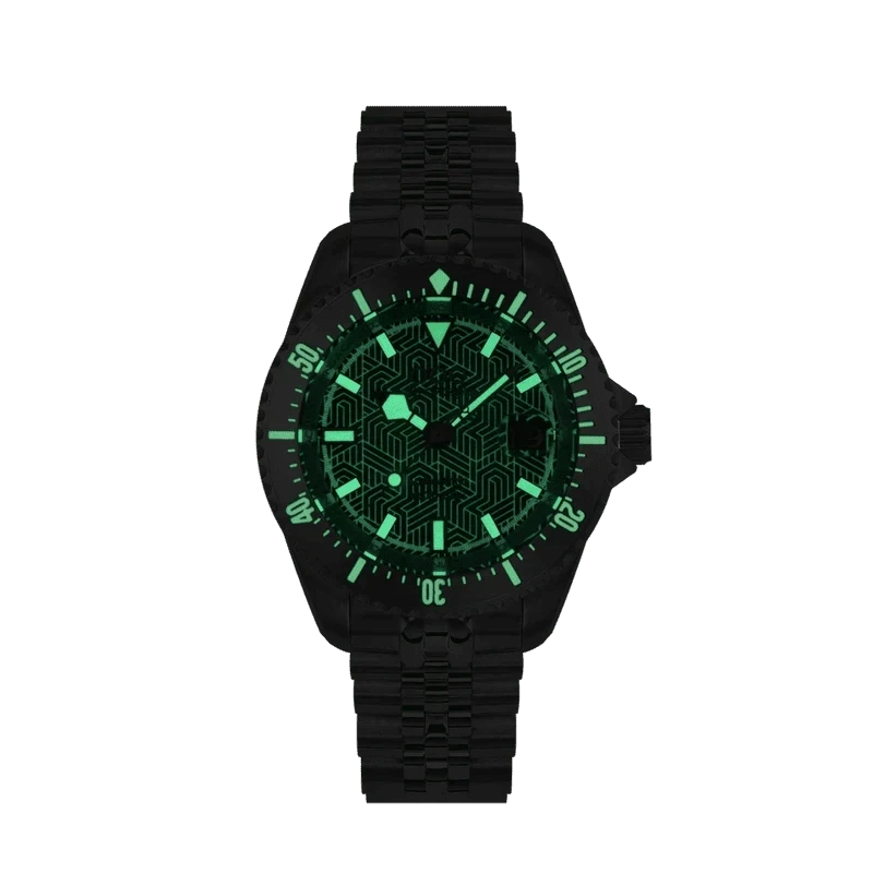 Orologio subacqueo nero con quadrante verde luminoso e bracciale in maglia