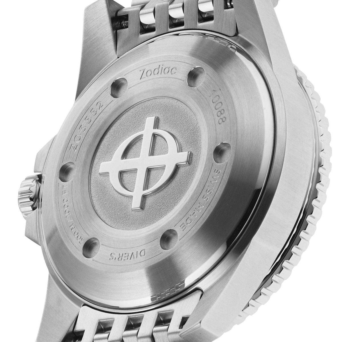 Orologio subacqueo: fondello in acciaio con logo e incisioni, cassa lucida.
