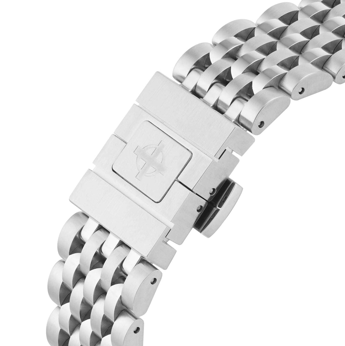 Orologio subacqueo: bracciale in acciaio e chiusura con incisione, maglie a rombo.