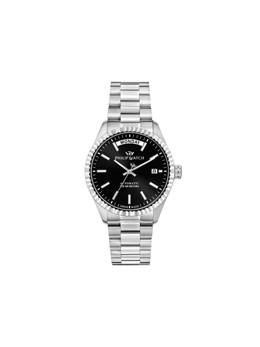 Orologio automatico con quadrante nero e bracciale in acciaio, cassa 39 mm