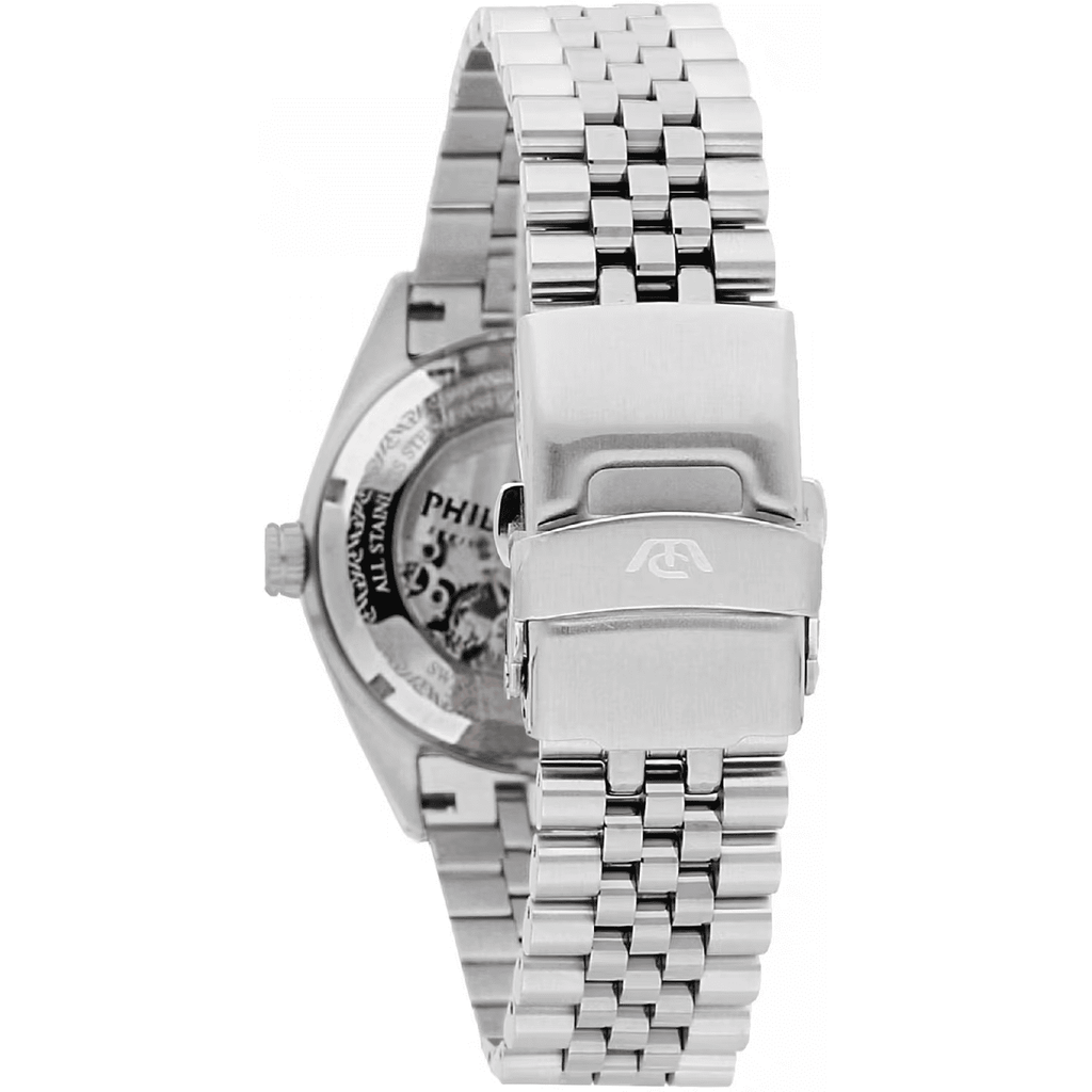 Orologio automatico argento con cassa rotonda, bracciale maglie e fibbia