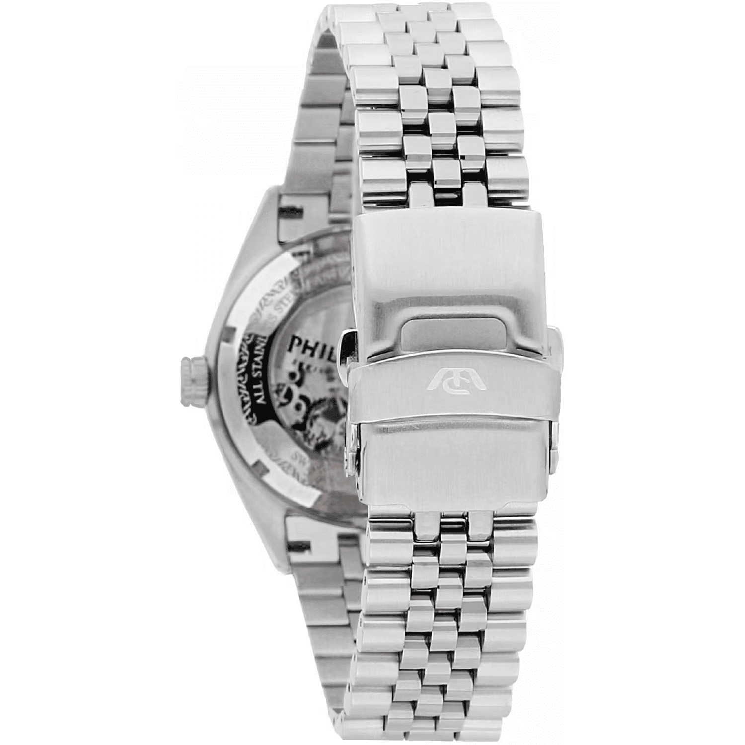 Orologio automatico argento con cassa rotonda, bracciale maglie e fibbia