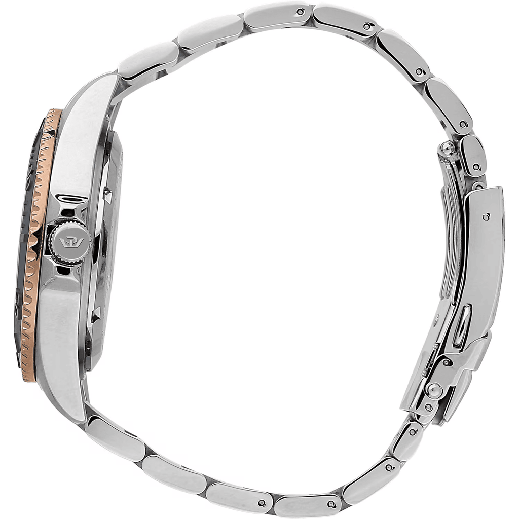 Orologio in acciaio, vista laterale: cassa e cinturino con ghiera bronzo zigrinata