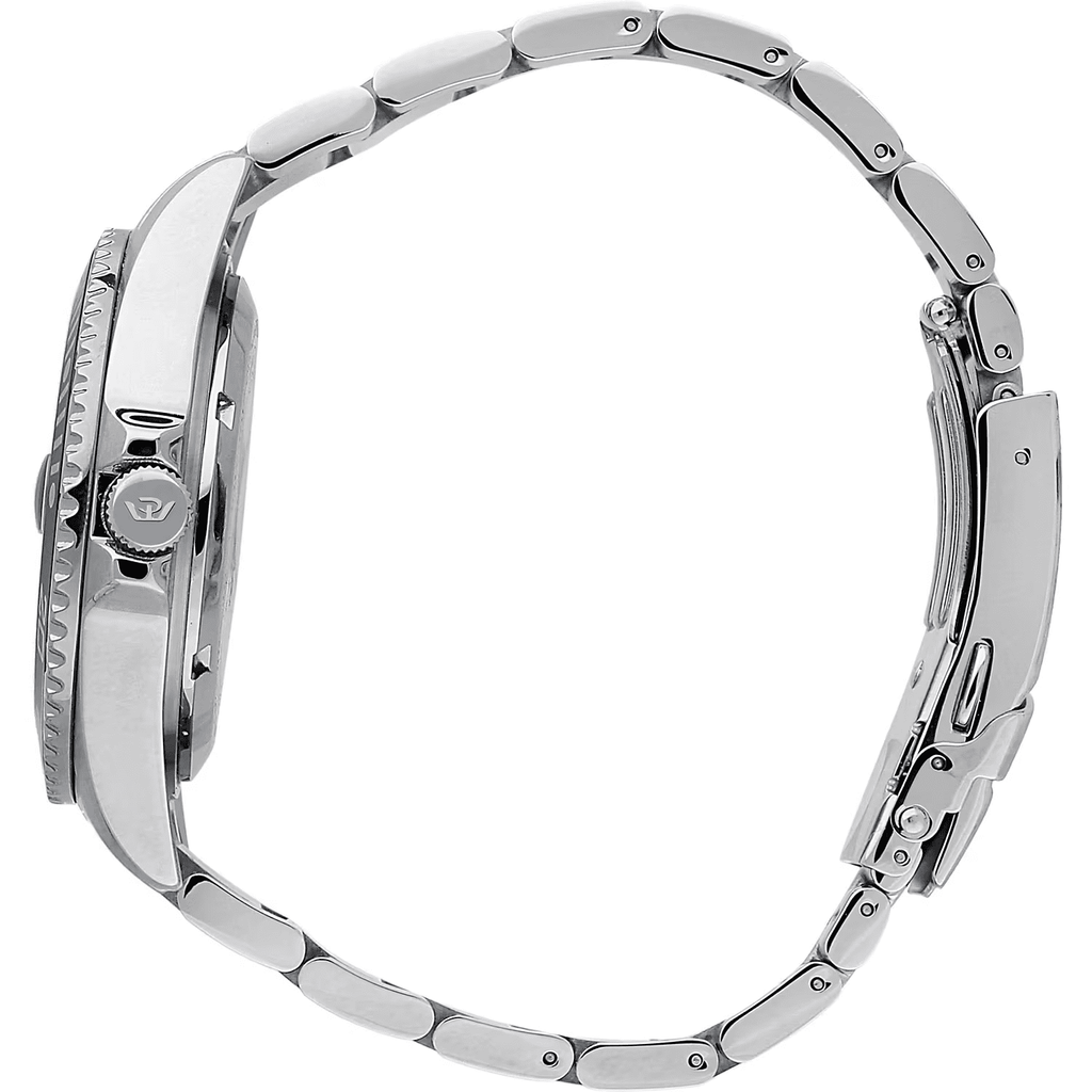 Orologio con bracciale metallico argento, vista laterale della cassa
