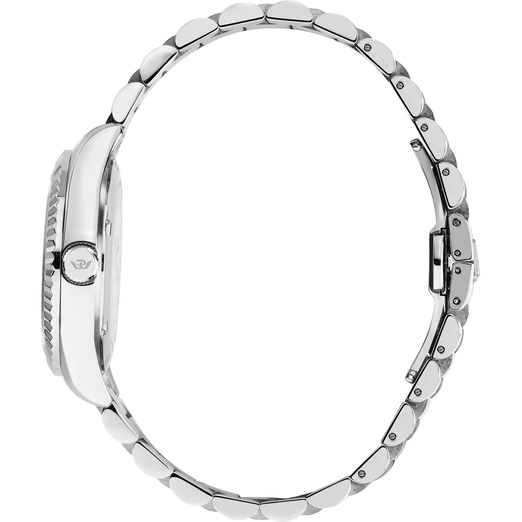 Orologio automatico con bracciale in acciaio e cassa rotonda argento, vista laterale.