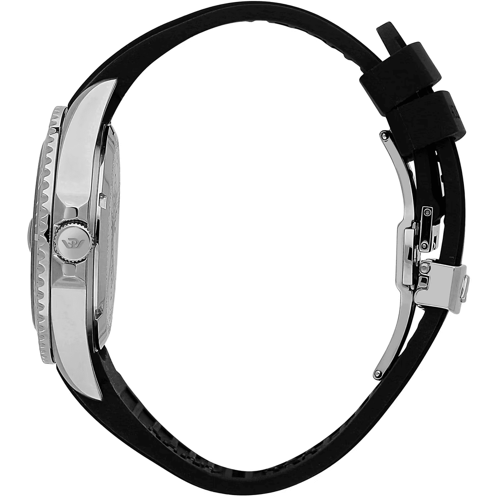 Orologio con cassa in acciaio e cinturino nero, vista laterale con corona