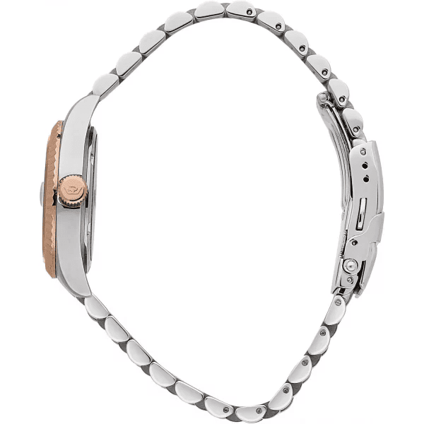 Orologio donna bicolore con cinturino maglie acciaio e oro rosa, vista laterale.