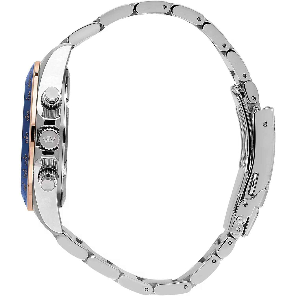 Orologio con cassa in acciaio, pulsanti e corona laterali, ghiera blu