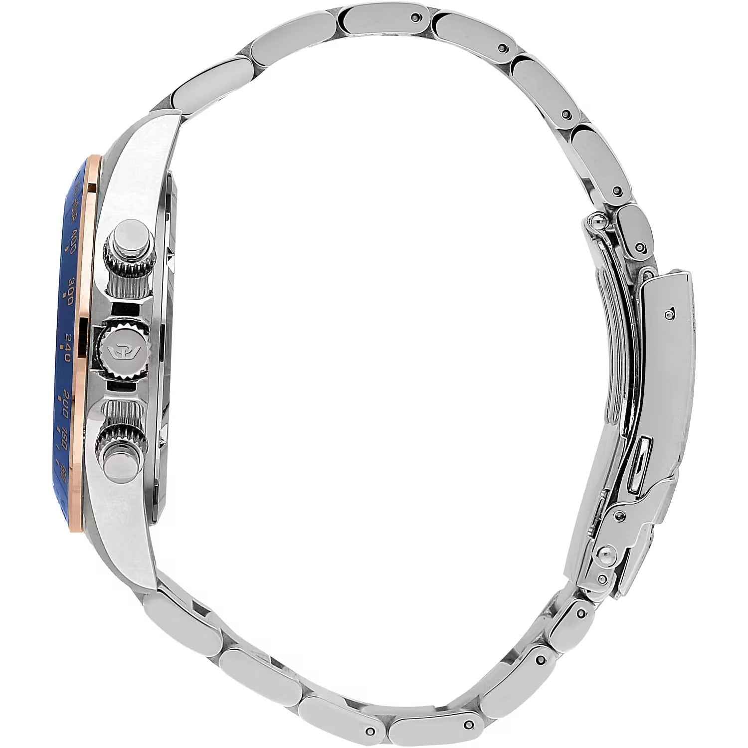 Orologio con cassa in acciaio, pulsanti e corona laterali, ghiera blu