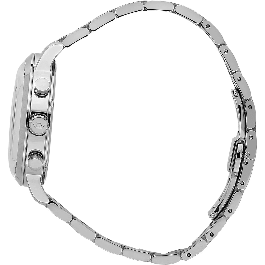 Orologio cronografo in acciaio, lato cassa con pulsanti e corona