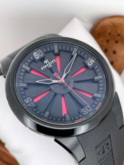 Orologio automatico con quadrante blu scuro e lancette rosse, cassa nera e cinturino
