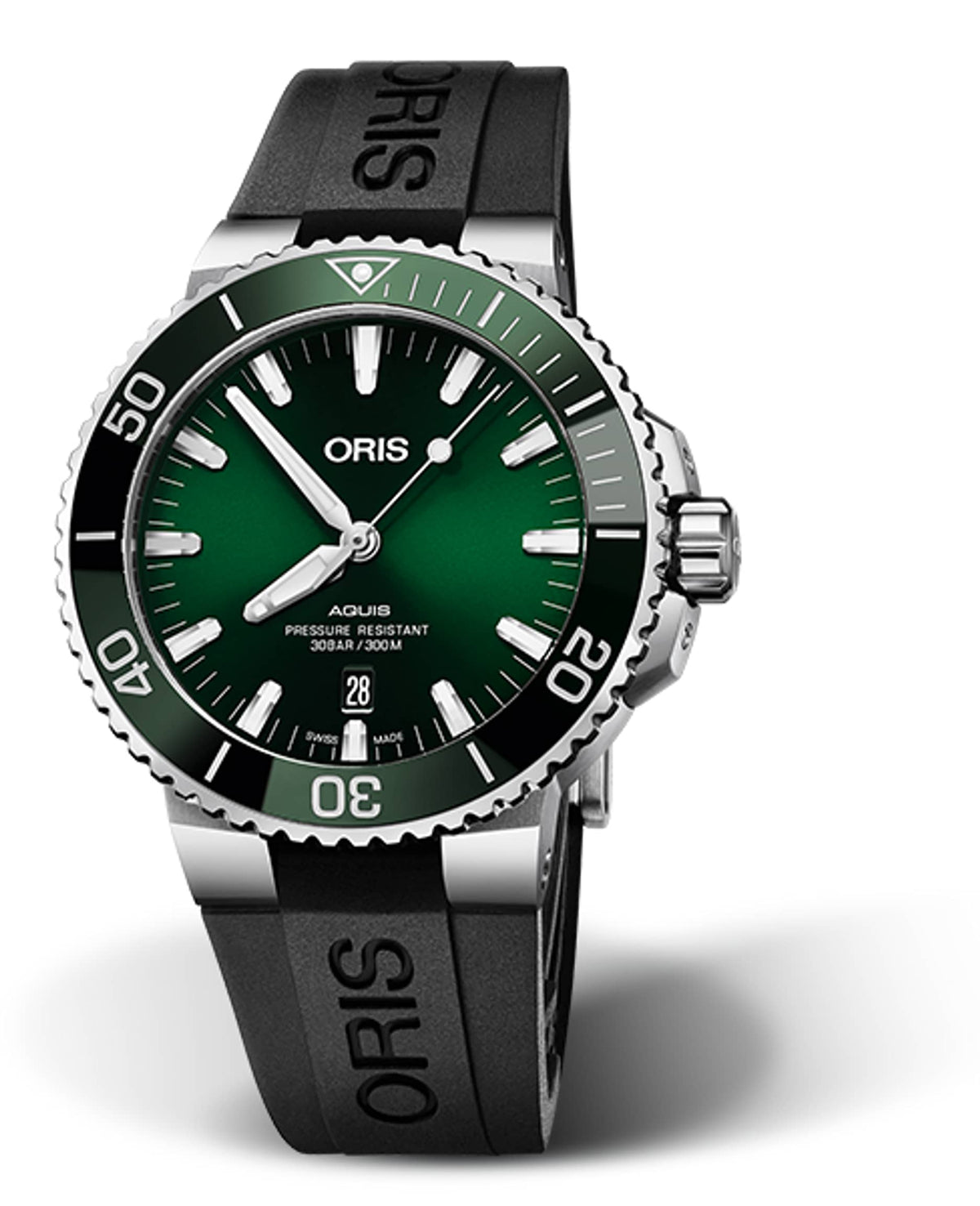 Oris Aquis Date Uomo 43,5 mm Acciaio Quadrante Verde Soleil Lunetta Ceramica Verde Vetro Zaffiro Calibro 733-1 Automatico Cinturino Gomma Nero Data 30 ATM Swiss Made Ref. 01 733 7730 4157-07 4 24 64EB Oasi Watch