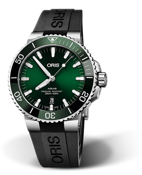 Oris Aquis Date Uomo 43,5 mm Acciaio Quadrante Verde Soleil Lunetta Ceramica Verde Vetro Zaffiro Calibro 733-1 Automatico Cinturino Gomma Nero Data 30 ATM Swiss Made Ref. 01 733 7730 4157-07 4 24 64EB Oasi Watch