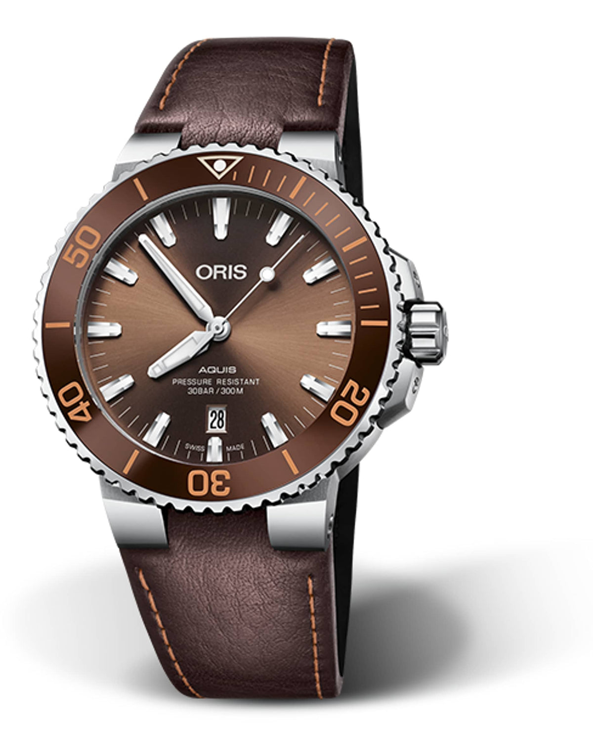 Oris Aquis Date Uomo 43,5 mm Acciaio Quadrante Marrone Lunetta Ceramica Marrone Vetro Zaffiro Calibro 733 Automatico Cinturino Pelle Marrone Data 30 ATM Swiss Made Ref. 01 733 7730 4152-07 5 24 12EB Oasi Watch