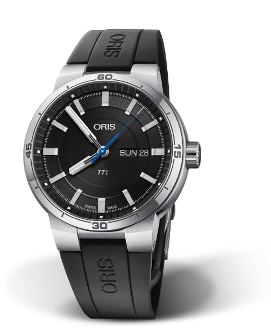 Oris TT1 Day Date Uomo 42 mm Acciaio Quadrante Nero Vetro Zaffiro Calibro 735 Automatico Cinturino Caucciù Nero Giorno e Data 10 ATM Swiss Made Ref. 01 735 7752 4154-07 4 24 06FC