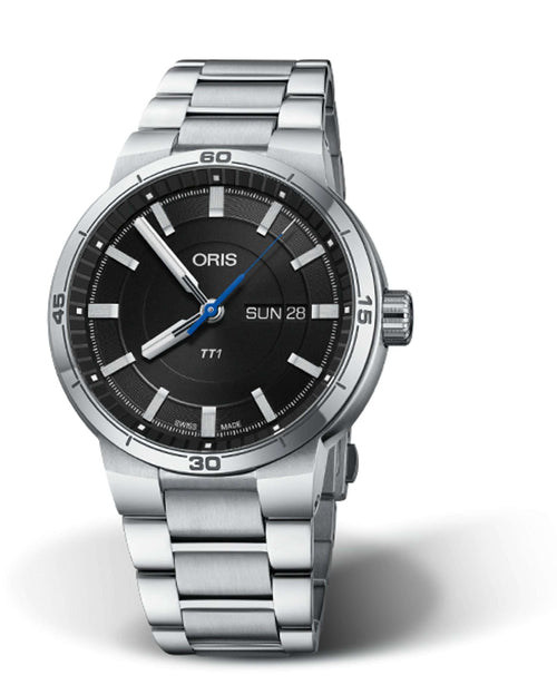 Oris TT1 Day Date Uomo 42 mm Acciaio Quadrante Nero Vetro Zaffiro Calibro 735 Automatico Bracciale Acciaio Giorno e Data 10 ATM Swiss Made Ref. 01 735 7752 4154-07 8 24 08 Oasi Watch