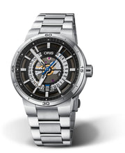 Orologio da uomo in acciaio con quadrante scheletrato nero e bracciale a maglie